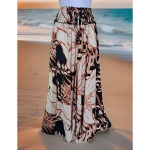 True Destinations Super Wide Leg Pants L Brown Black Tropical Vaca Boho Beachy